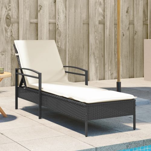 Fekete polyrattan napozóágy párnával 63x200x81 cm